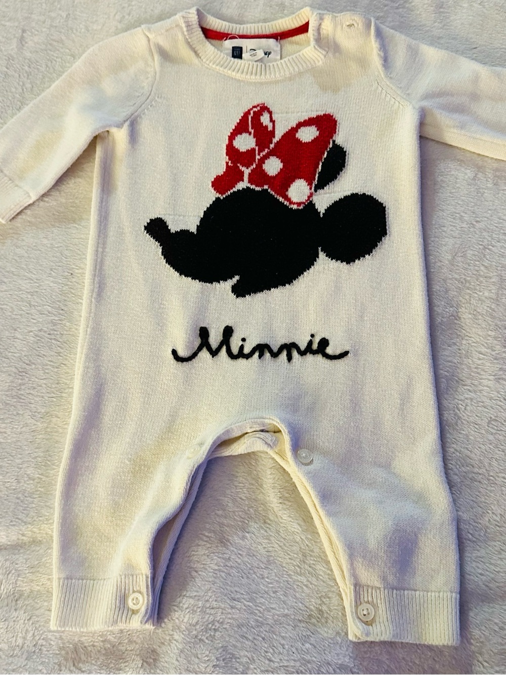 Disney Cream Knit Minnie Mouse Baby One-Piece with Red Bow